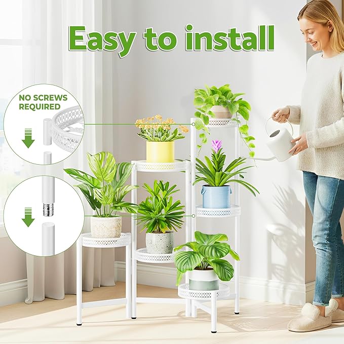 6 Tier Metal Plant Stand, 6 Potted Multiple Flower Pot Holder Shelf, Indoor&Outdoor Folding Planter Display Shelves for Patio Garden, Living Room, Corner Balcony, Bedroom - WhiteWave