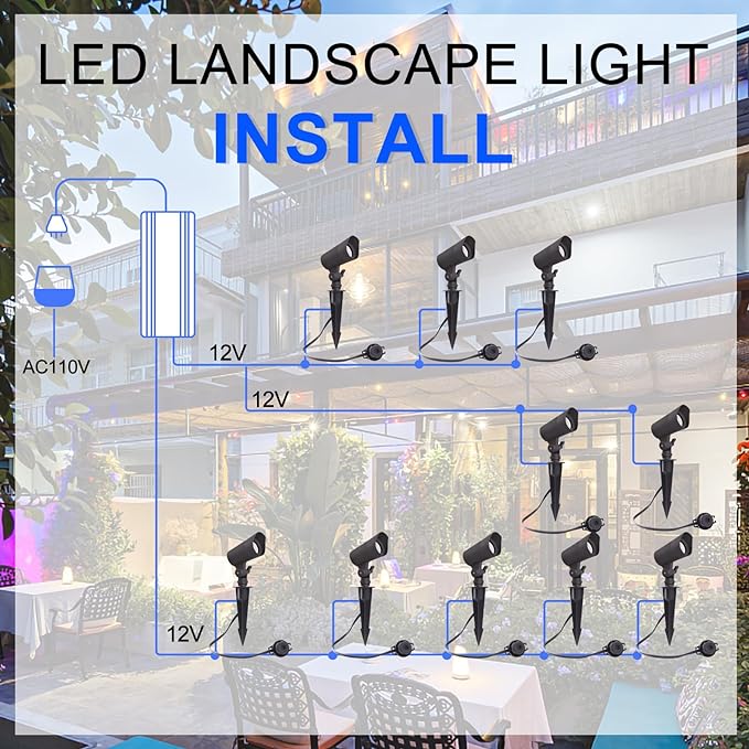 LED Landscape Lights with Connectors, 12V Low Voltage, Warm White 3000k, 4W, 175LM, Outdoor Waterproof Garden Pathway Lights Wall Tree Flag Spotlights with Spike Stand, 6 Pack