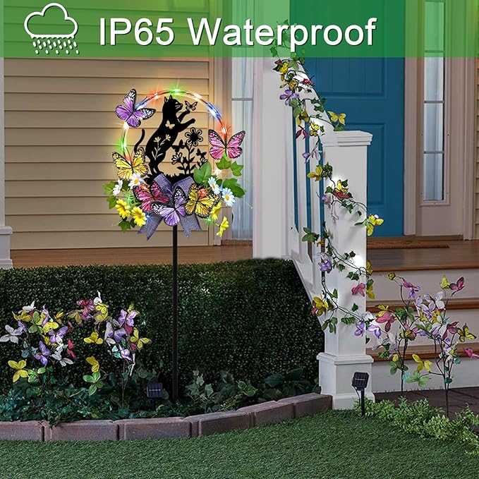 Cat Solar Lights Outdoor Garden,Silhouette Cat with Butterflies Waterproof Garden Stake for Yard, Lawn,Best Gifts for Women