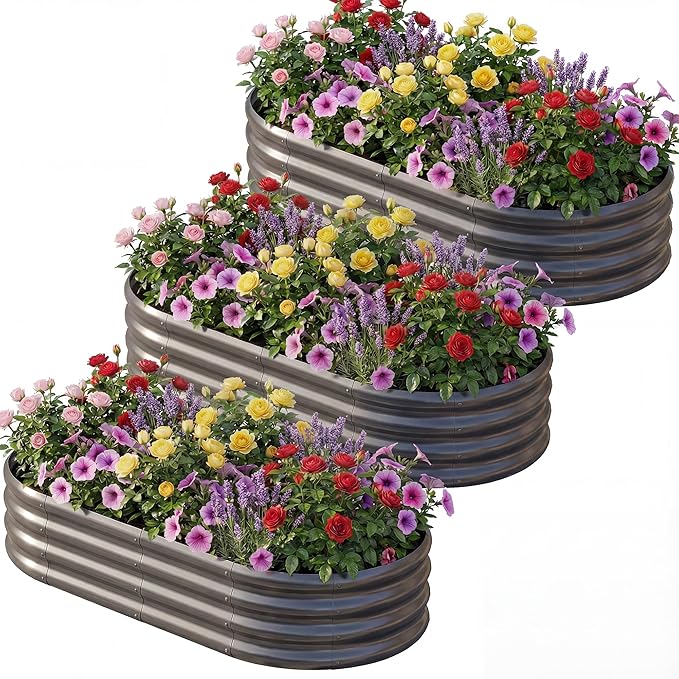 AHEONLAR 3 Pack 6×3×1ft Galvanized Raised Garden Beds, Oval Durable Planter Boxes Outdoor for Vegetables, Fruits, Flowers and Plants, Quick Assembly, Grey