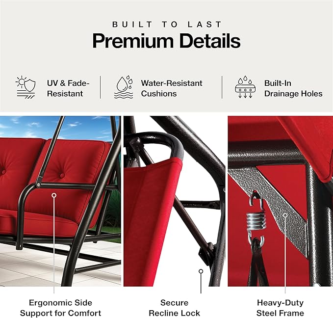 Porch Swing - 3-Seat Patio Outdoor Swing with Canopy for Adultes, Convertible Glider Bed, Thick Removable Cushions & Pillows for Backyard, Porch, Garden - Burgundy