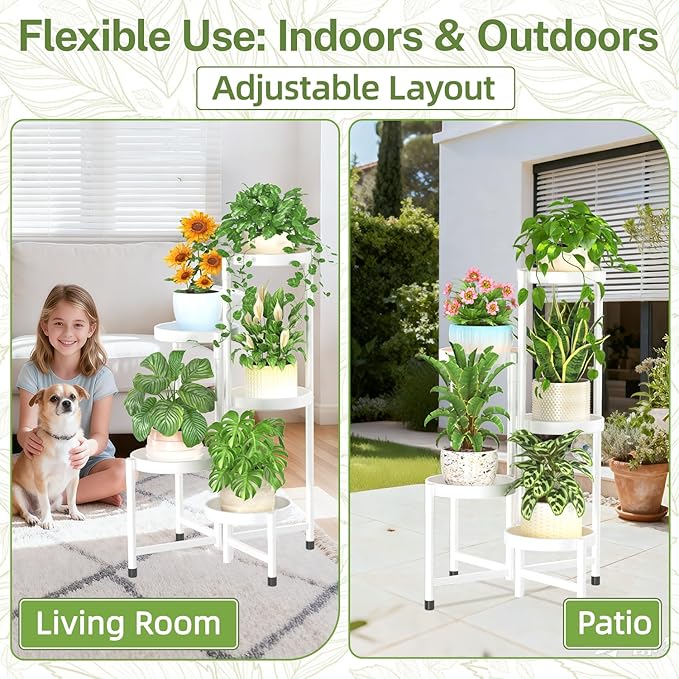 iDavosic.ly Plant Stand Indoor Outdoor, 5 Tier Corner Metal Flower Display Holder Shelf, Easy Assembly Folding Tall Orchid Rack for Patio Balcony Porch Garden Living Room House, White