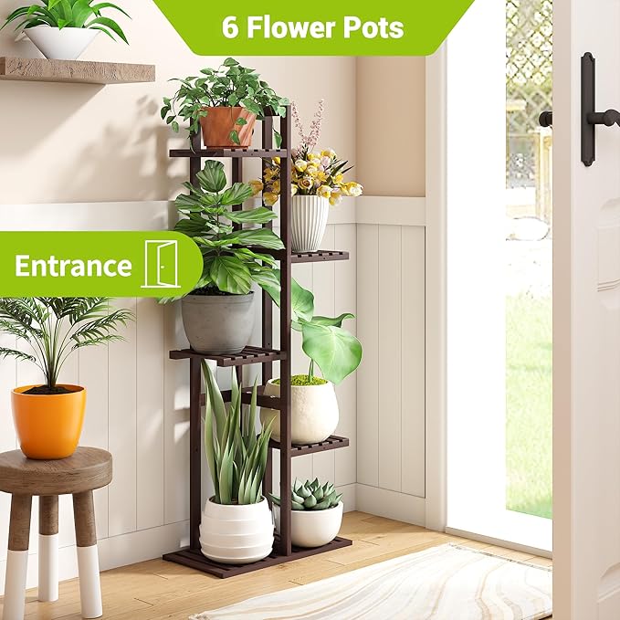 BMOSU Bamboo Plant Stand for Indoor Outdoor Plants Corner Tall Plant Shelf 6 Potted Holder Shelf Plant Rack Holder Display Rack(Brown)