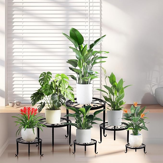 6-Pack Metal Plant Stand,Heavy Duty Flower Pot Stands for Multiple Plant,Outdoor Anti-Rust Plant Pot Shelf, Round Plant Holder for Outdoor/Indoor Planter, Living Room, Balcony Decor (6PACK BLACK)
