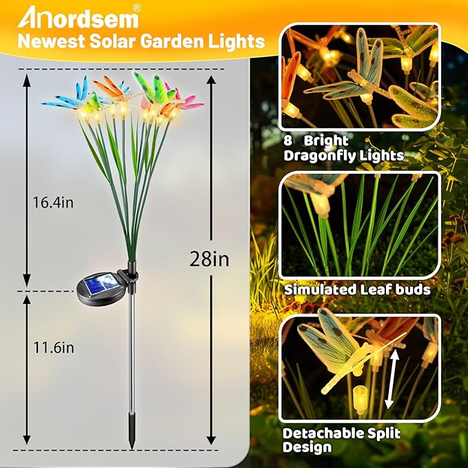 Anordsem Solar Garden Lights Outdoor: 8 Removable Optical Fiber Dragonflies 2 Pack - Waterproof Fun Animal Decoration for Yard Patio Path - Gardening Gifts for Garden Lovers Over 30