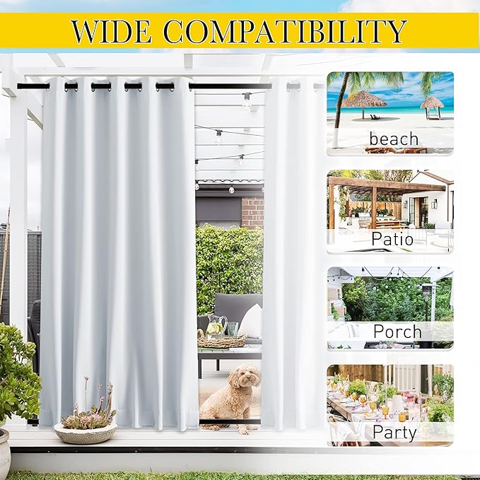 NICETOWN 2 Panels Outdoor Curtains Waterproof 90 inch Long for Patio, Windproof Top & Bottom Grommet & Back Tab Weighted Blackout Outdoor Drapes with Rope for Fixed, W66 x L90, Greyish White