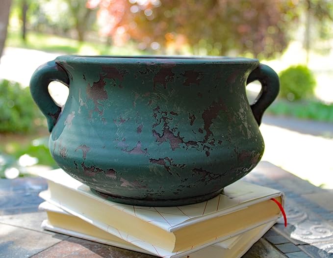 Egyptian Era Designed Earthen Ware Terra-Cotta Vessel/Planter with Looped Handles (Green)