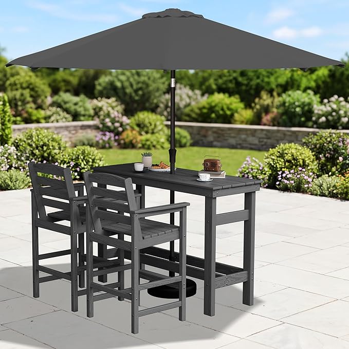 SERWALL Outdoor Bar Set with 9ft Umbrella, All-Weather HDPE Patio Bar Chairs and Table, Outdoor Furniture Set for Poolside, Backyard, Garden - Grey