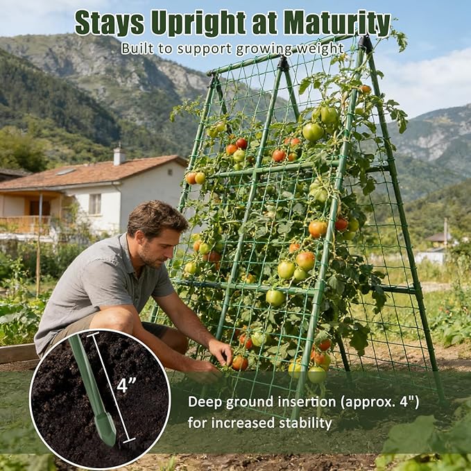Miory Cucumber Trellis for Raised Beds, 2 Pack 32x48" A-Frame Garden Trellis, Climbing Plant Support with Netting for Cucumber Tomato Bean Pea