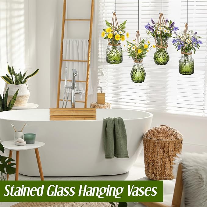 4 Pcs Stained Glass Hanging Vases Hanging Glass Planters Small Plant Terrarium Pot Containers with Rope for Garden Home Indoor Outdoor Decor, 4 Styles (Trendy)