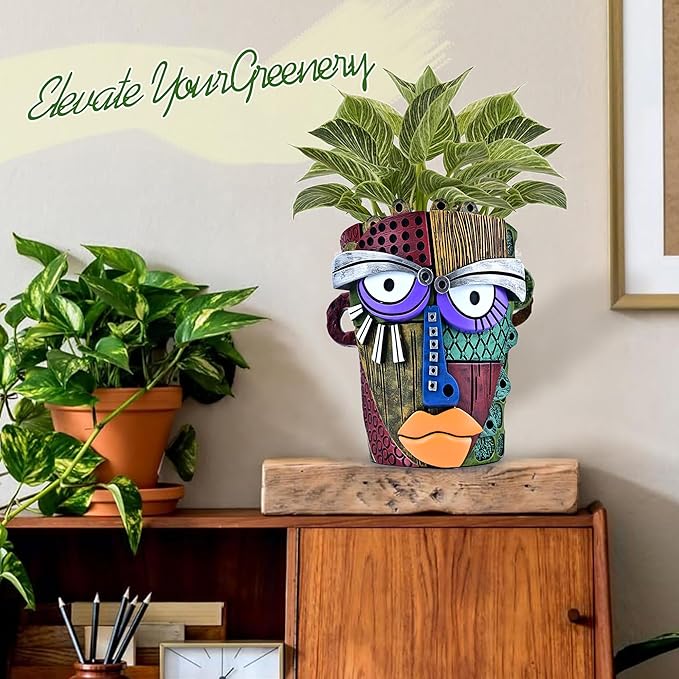 Abstract Face Planter Pots for Plants,Hand-Painted Colorful Flower Pots with Drainage, Indoor Outdoor Garden Decor Gift(Classic,Large)