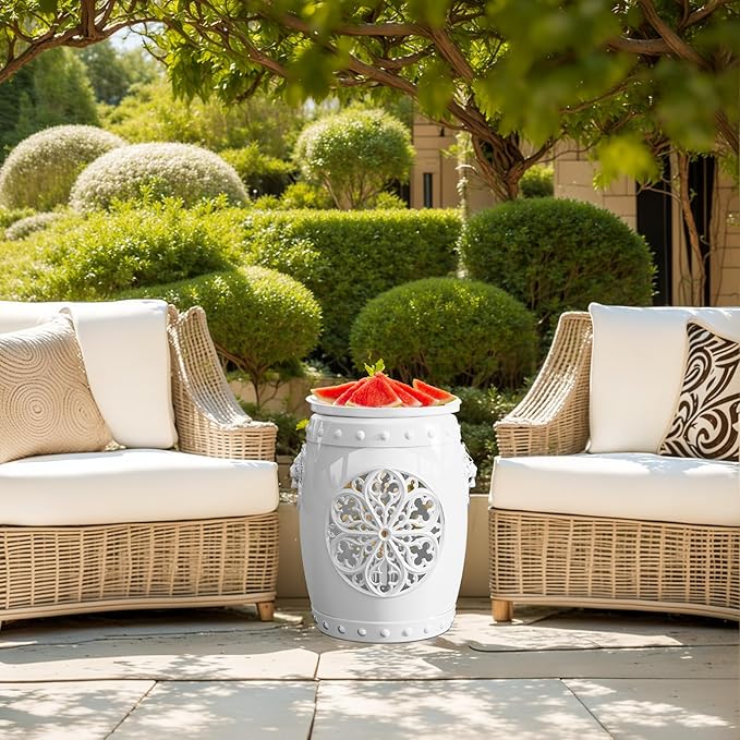 EFU Resin Garden Stool Indoor Outdoor,Decorative Antique Classic-Like Appearance, Waterproof UV Resistant Lightweight Sturdy,for Living Room, Garden Room, Patio(White)