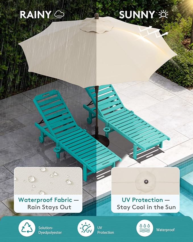 SERWALL Outdoor Chaise Lounge Set of 2 with 9FT Umbrella, HDPE Pool Lounge Chair with 5-Position Adjustable Backrest, Patio Lounger with Rolling Wheels & Cup Holder for Pool, Aruba