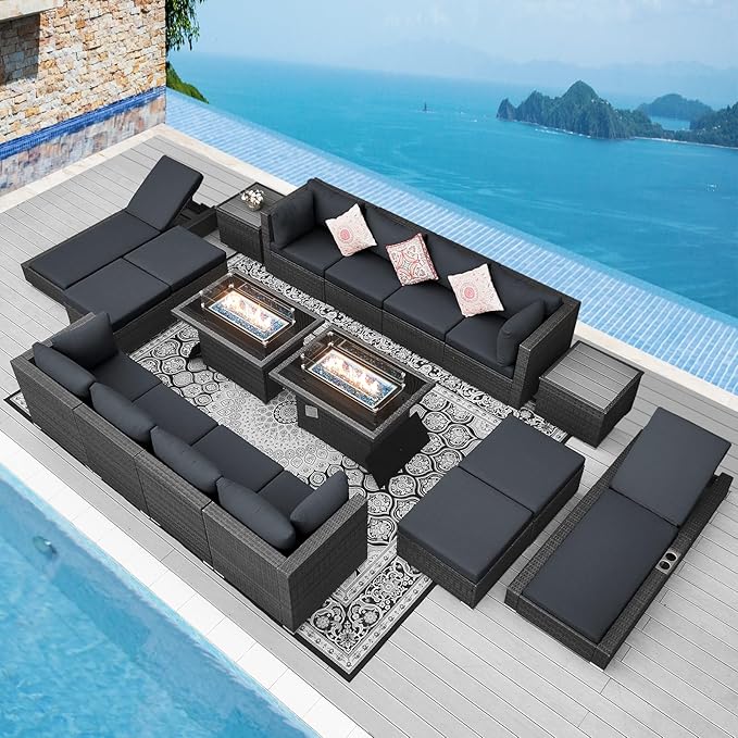NICESOUL 18 Piece Outdoor Patio Furniture Set with Fire Pit, Large Size 14-Person Outdoor Sectional with Fire Pit & Chaise Lounge, 500 lbs Heavy Duty All-Weather Backyard Sitting Group, Grey