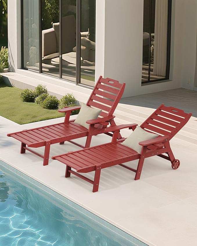 Carauci Lounge Chair Outdoor, HDPE Chaise Lounge with Wheels, 5-Position Adjustable Backrest & 2 Cup Holders Patio Lounge Chair, All-Weather Pool Sun Lounger for Poolside, Backyard, Red