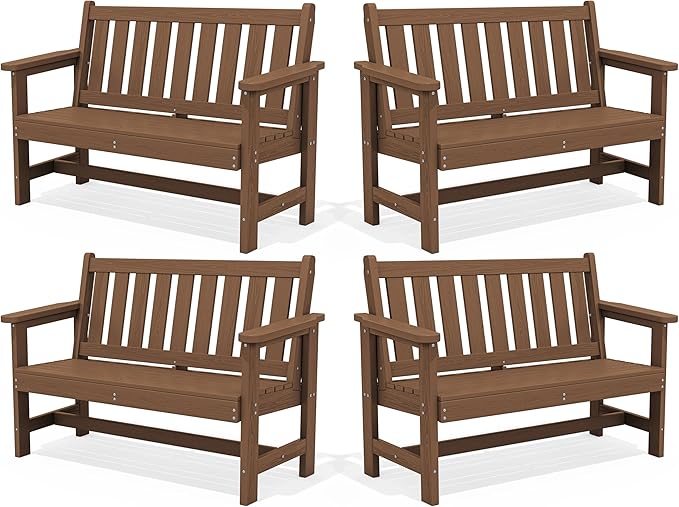 SERWALL Outdoor Bench, HDPE Outdoor Benches Weatherproof, 2-Person Garden Bench with 660 lbs Weight Capacity, Patio Benches for Outdoors, Garden, Porch, Backyard and Park, Brown, 4 Pack