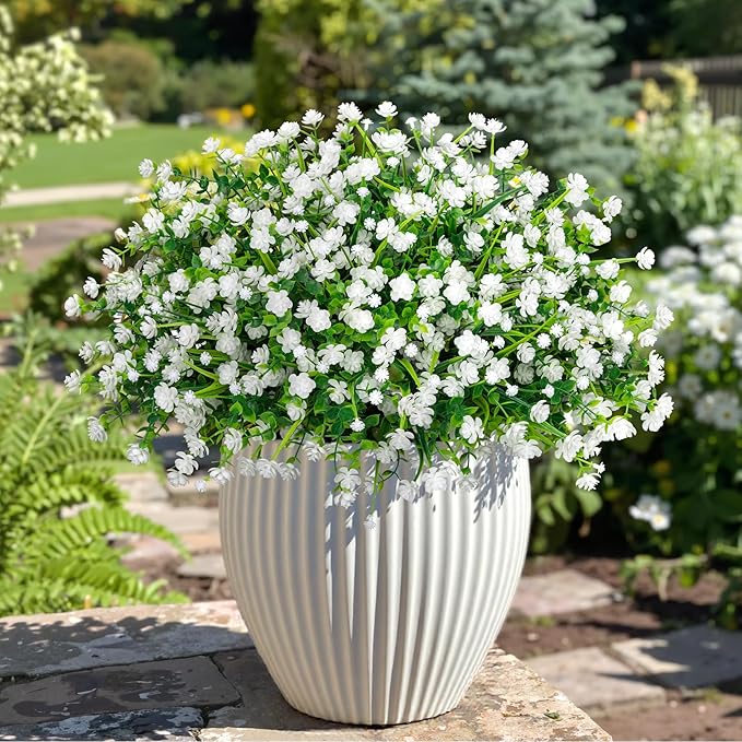 20 Bundles Artificial Flowers for Outdoors Fake Plastic Flowers UV Resistant Realistic Faux Plants Shrubs for Spring Summer Garden Porch Yard Patio Planter Window Box Home Decor, White
