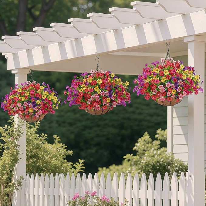 Artificial Faux Hanging Plants Flowers Basket for Outdoors Spring Summer Decoration,Hanging Planters with Fake Silk Flowers UV Resistant Realistic for Outside Porch Patio Balcony Garden （6 Multicolor）