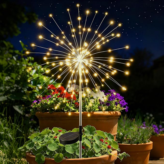 btfarm 1 Pack Solar Garden Lights Outdoor, 8 Modes Firework Lights Solar Powered, Waterproof Twinkle Fairy Light Outside for Yard Patio Pathway Pool Christmas Party Decorative, Warm White