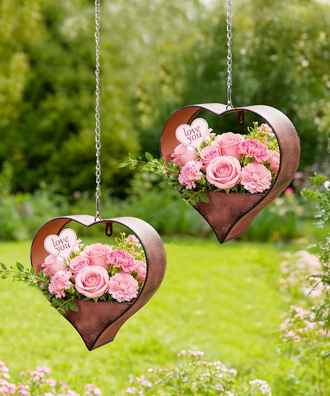 Metal Plant Hangers Indoor and Outdoor for Mom Women Her Wife Garden Lovers Birthday - Heart Shape Hanging Planters for Window Wall Living Room Office Decor(2 Pack)