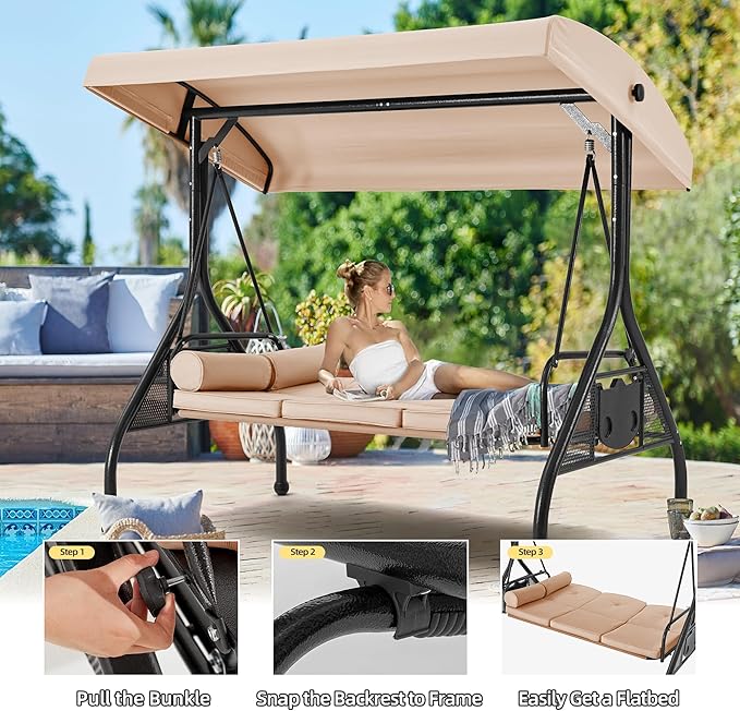 HOMREST 3 Seat Outdoor Porch Swing with Adjustable Canopy, Convertible Patio Swing Bed with Stand, Patio Glider Swing with Upgraded Cup Holder, Thicken Cushions ＆ Pillow for Backyard(Khaki)
