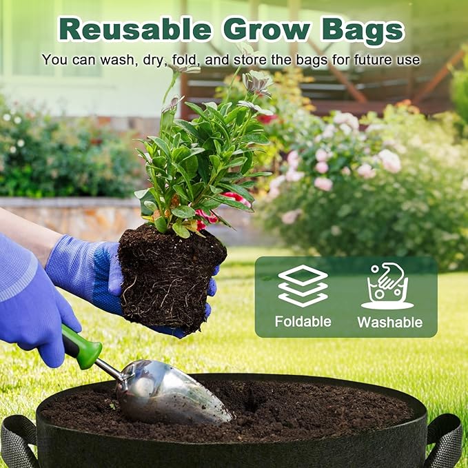 5 Pack 15 Gallon Grow Bags, Thickened Aeration Nonwoven Fabric Planting Bags with Handles, Heavy Duty 300G Garden Planter Bag for Tomato, Potato, Strawberry, Vegetable, Fruits and Flowers