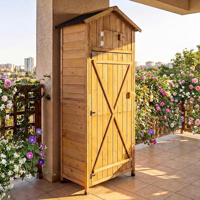 Goplus All-in-One Storage Shed, 70" Tall Wooden Lockable Cabinet w/Foldable Work Table, Vertical Utility Tool Organizer w/Shelves & Hooks, Waterproof Garden Shed for Patio Backyard (Natural)
