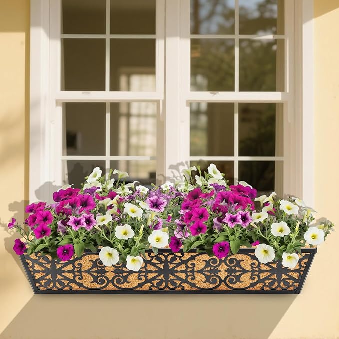6 Pack 30 Inch Window Boxes Planters Railing Planter Box with Adjustable Brackets & Coco Liners Fabric Plant Grow Bags Deck Railing Planter Boxes Balcony Hanging Flower Box for Outdoor Plants