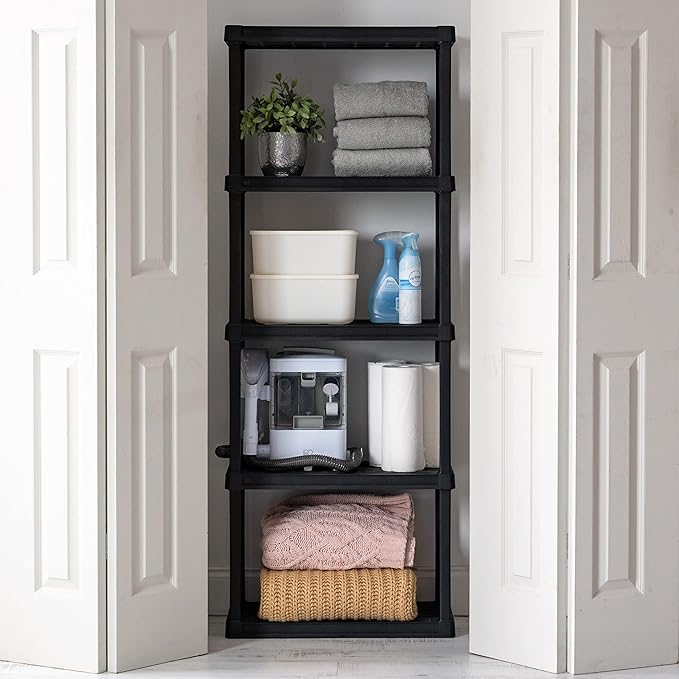 IRIS USA 5-Shelf Light Duty Plastic Storage Shelves, 250lb Capacity, 64" H x 24" W x 12" D, Medium Modular Shelving Unit Storage Organizer for Bathroom, Laundry, Garage & Home, Storage Rack - Black