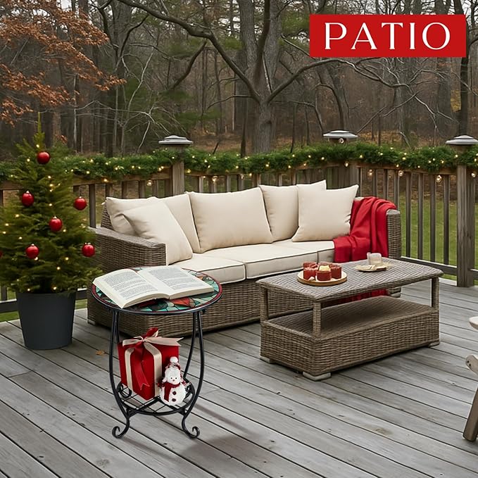 Outdoor Side Table Round Small Mosaic Patio Accent Indoor End Plant Coffee Tea Table for Yard Patio Porch Garden Living Room, Bedroom(Poinsettia,14 Inch)