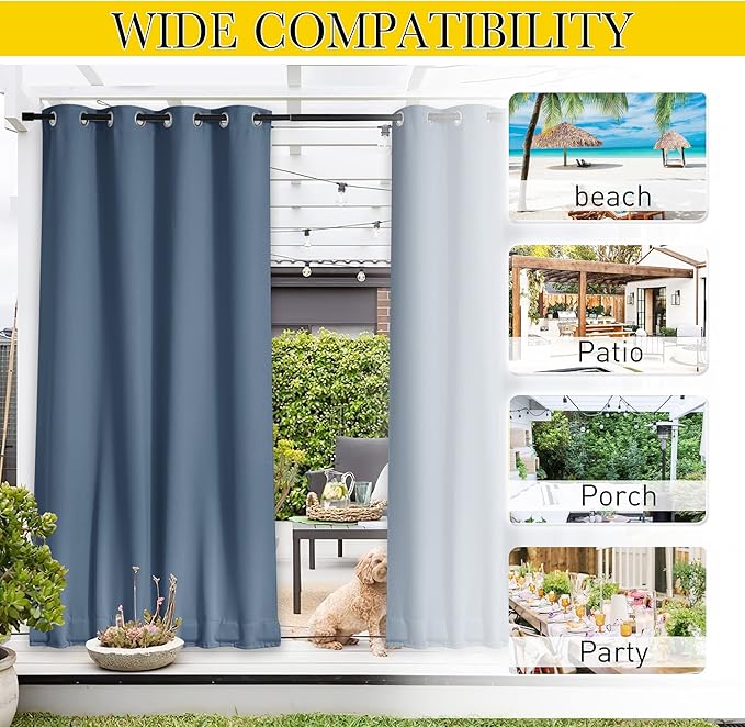 NICETOWN 2 Panels Fixed Stone Blue Outdoor Curtains for Patio Waterproof, Top & Bottom Grommet & Back Tab Windproof Drapes Thermal Insulated Blackout Outdoor Blinds for Porch/Gazebo, W52 x L84