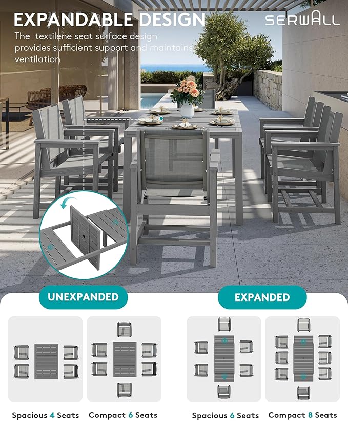 SERWALL 9-Piece Outdoor Dining Set, 60" - 83" Expandable Patio Dining Table with 6 Breathable Textilene Chairs, All Weather HDPE Patio Furniture Set for Backyard, Garden, Grey