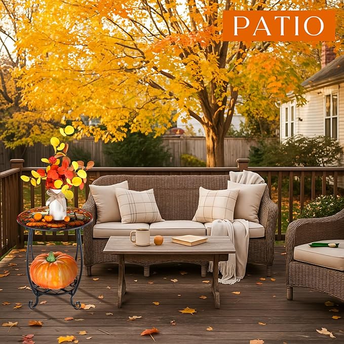 Outdoor Side Table Round Small Mosaic Patio Accent Indoor End Plant Coffee Tea Table for Yard Patio Porch Garden Living Room, Bedroom(Pumpkin Style,14 Inch)