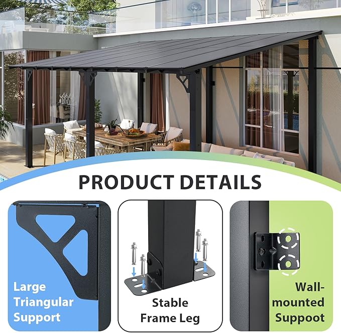 Aoxun 16'x 10' Premium Gazebo with Aluminum Top Frame & Polycarbonate Panel, Wall Mounted Gazebos Pergola, Outdoor Patio Lean to Gazebo, Awnings with Sloped Roof, for Backyard, Porch, Deck