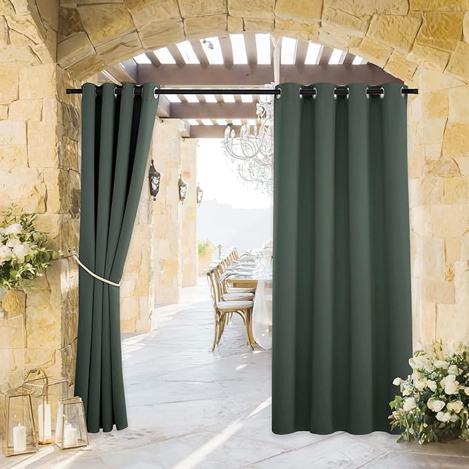 RYB HOME Outdoor Curtains for Patio Waterproof Block Sunlight Thermal Insulated Privacy Assured Thick Outside Curtains for Pergola, Cabana, Gazebo, W52 x L72, Dark Green, 1 Panel