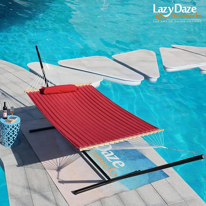 Lazy Daze Hammocks 12 FT Double Quilted Fabric Hammock with Spreader Bar and Detachable Pillow, 2 Person Hammock, 450lbs Weight Capacity, Burgundy