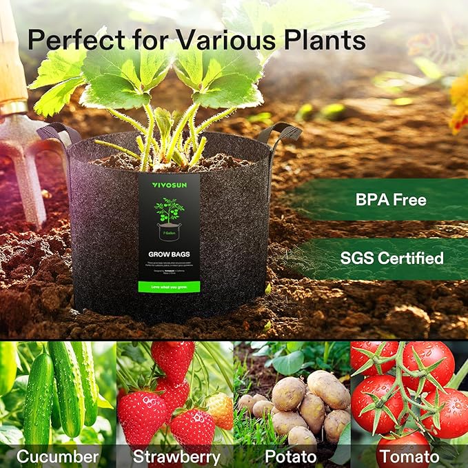VIVOSUN 5-Pack 7 Gallon Plant Grow Bags, Heavy Duty Thickened Nonwoven Fabric Pots with Handles