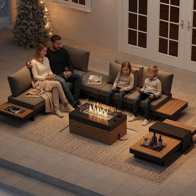 homary Patio Conversation Sets with Fire Pit-Modular Outdoor Sofa Aluminum & Teak Outdoor Sofa Se with Glass Wind Guard Ideal for Patios & Balconies, 6 Pepole