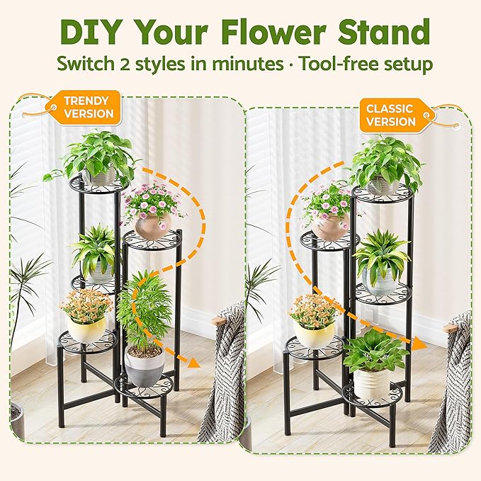 Plant Stand Indoor Outdoor, 5 Tier Corner Metal Flower Display Holder Stand, Folding Tall Plant Rack for Patio Balcony Porch Garden Living Room House, Heavy Duty Wrought Iron Plant Shelf - BlackS