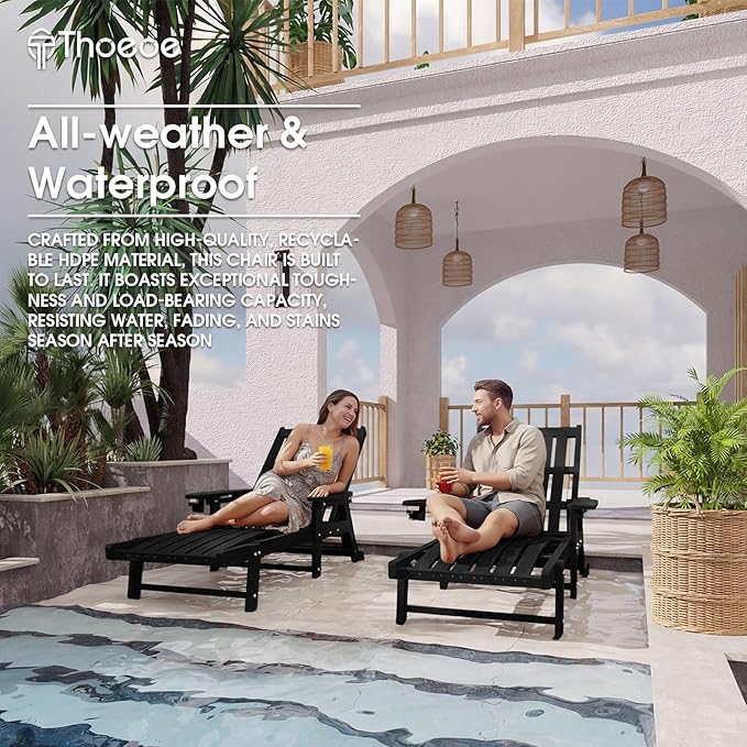 Patio Chaise Lounge Chair Set of 2, Oversized Lounge Chair Outdoor with 5 Positions, HDPE, Patio Lounge Chair with Wheels & Cup Holder for Pool, Deck, Poolside,Black