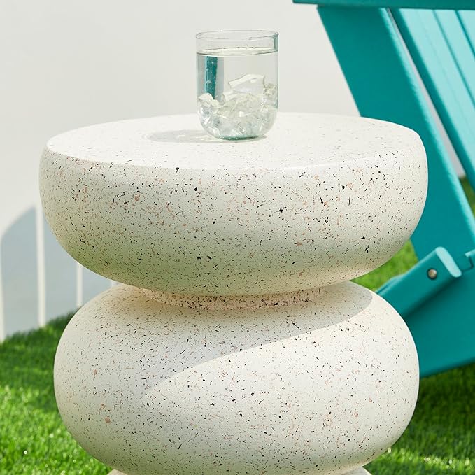 Glitzhome Outdoor Side Table, 18" H Decorative Garden Stool MGO Faux Terrazzo End Table, Heavy Duty Indoor Outdoor Round Planter Stand for Living Room Bedroom Patio Deck Poolside,White