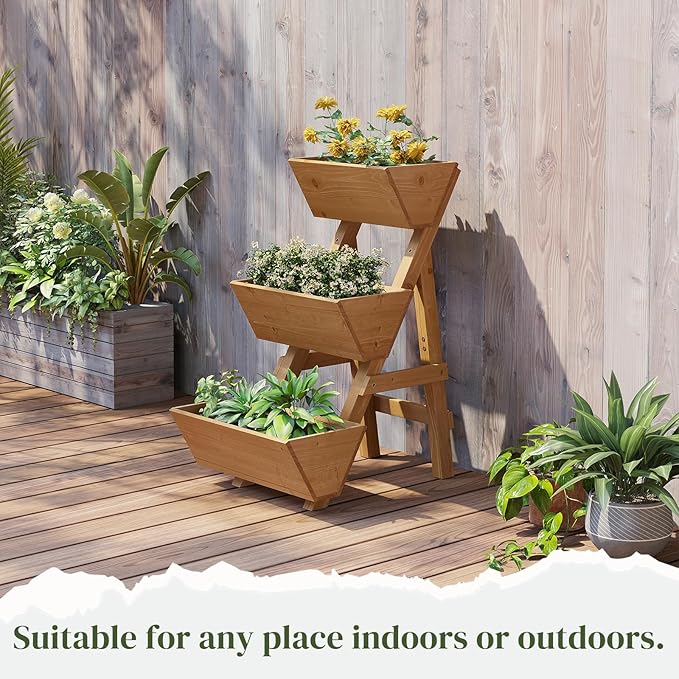 3-Tier Wooden Vertical Raised Garden Bed with Legs, Tiered Planter Box, Vertical Garden Planter,Wood Plant Stand Wood Flower Rack for Patio, Balcony, Freestanding. (Brown-Small)