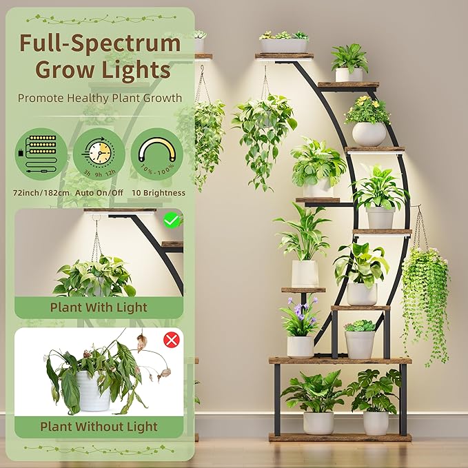 Plant Stand Indoor with Grow Lights, 9 Tiered Metal Plant Shelf, 64" Tall Plant Stand for Indoor Plants Multiple, Large Plant Rack Display Shelf, Curved Plant Holder for Living Room, Patio