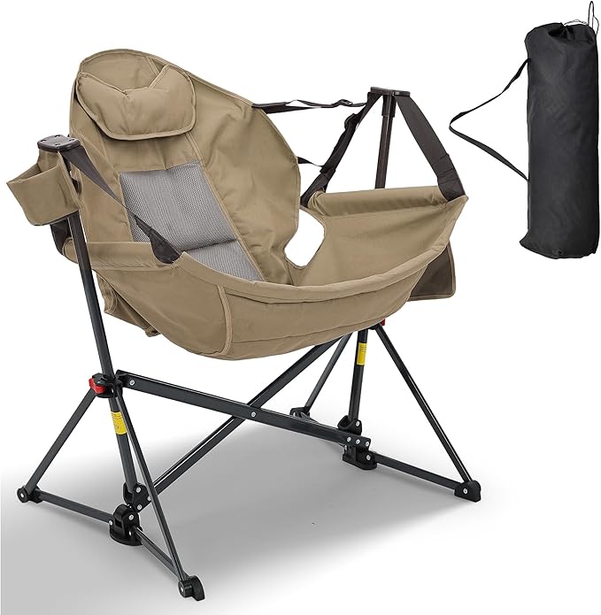 Ainfox Hammock Camping Chair, Foldable Portable Rocking Chairs for Adults Outside Swinging Camp with Cup Holder Pillow for Outdoor Patio Poolside (Brown)