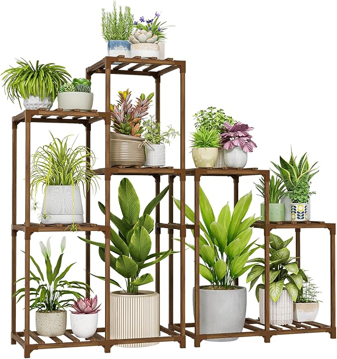 Bamworld Indoor Plant Stands Outdoor Combo Plant Shelves for Multiple Plants 10 Pots Wooden 2 Sets of Package Plant Rack for Living Room Balcony Garden