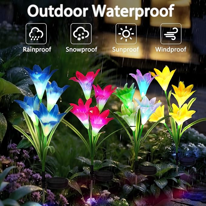 echosari 4 Pack Color Changing Solar Lights Outdoor Waterproof, Solar Lily Flower Stake Lights Auto ON/Off Solar Garden Lights for Lawn Pathway Landscape Garden Gifts for Mom Women Grandma