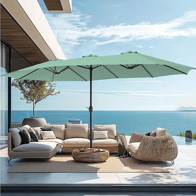 PHI VILLA 15ft Large Patio Umbrellas with Base, Outdoor Double-Sided Rectangle Market Umbrella for Pool Lawn Garden, Mint Green