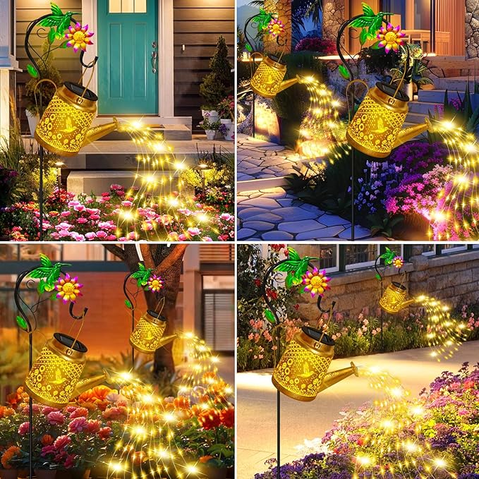 Hummingbird Solar Lanterns Garden Decor, Outdoor Waterproof Watering Can with Shepherd Hook, Solar Garden Decor for Yard Outdoor Landscape Pathway, Gifts for Women Mom Grandma Birthday Christmas Gifts