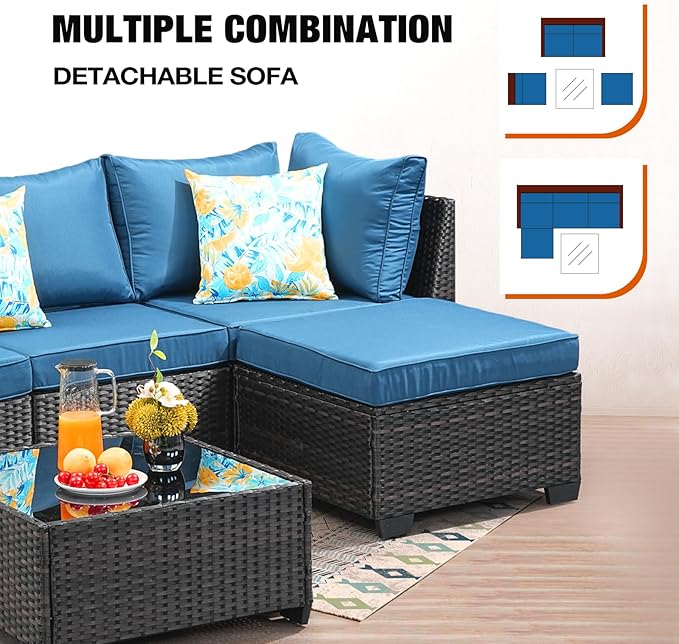 5 Pieces Patio Furniture Set All-Weather Outdoor Wicker Sectional Conversation Sofa Rattan Patio Seating Sofa with Cushion and Glass Table and Ottoman for Porch Poolside,Peacock Blue
