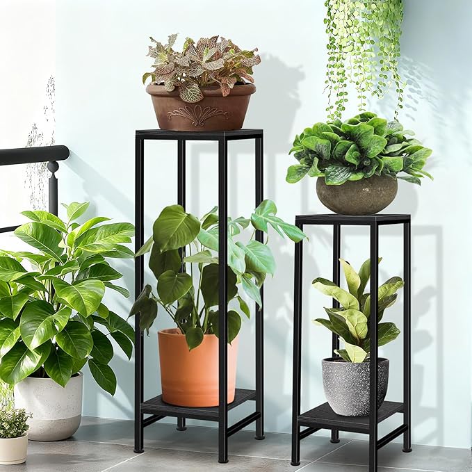 Plant Stand Indoor, 41'' Tall Plant stands for Indoor Outdoor Plants, 2 Tier Heavy Duty Metal Pedestal Stand Modern Display Rack for Living Room, Black